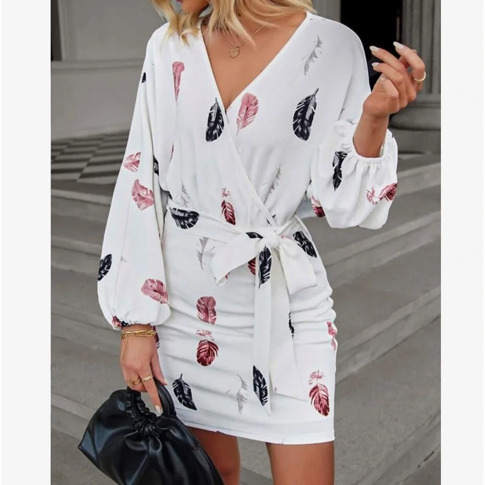 Elegant Feather Print Surplice Neck Long Sleeve Belted Dress - Picture 2 of 5